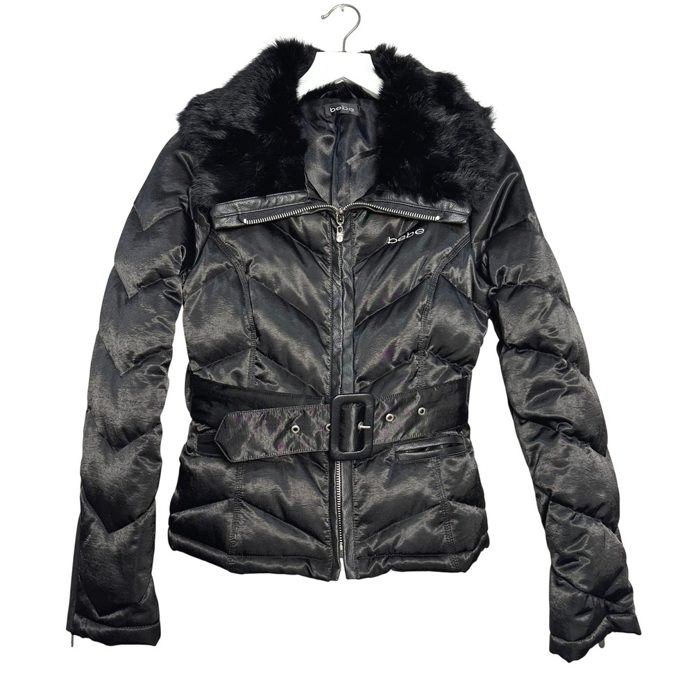 Vintage Bebe Y2K Black Quilted Puffer Jacket Rabbit Fur/Leather Belted Womens S